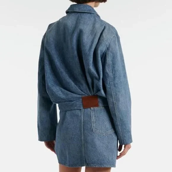 Denim Bomber Jacket Zip Up Draped Loose Fit Collared Casual Lightweight - Picture 6 of 8